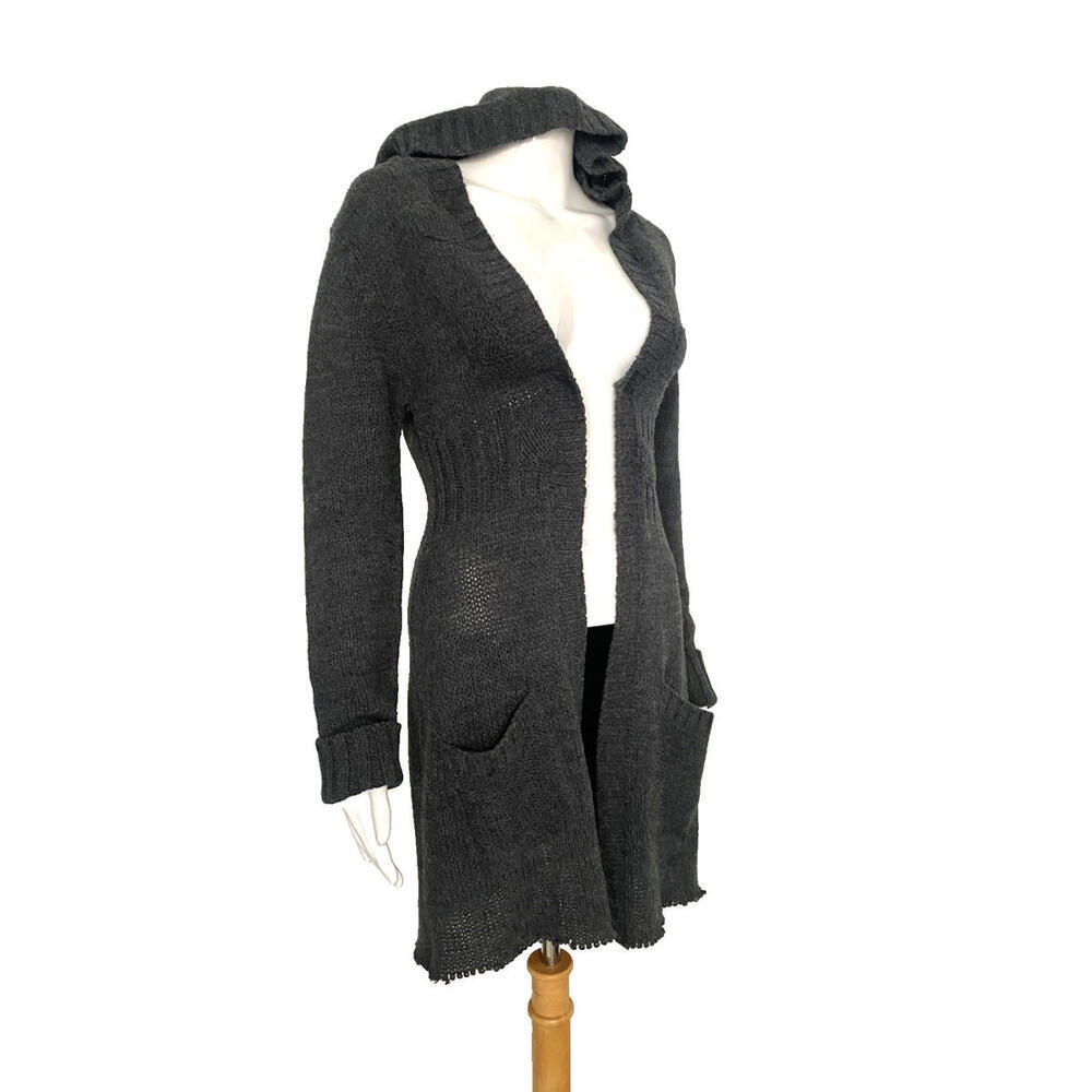 ONE STEP UP Women's M Cardigan SWEATER Gray LONG Hooded Raw Edge - Picture 2 of 5